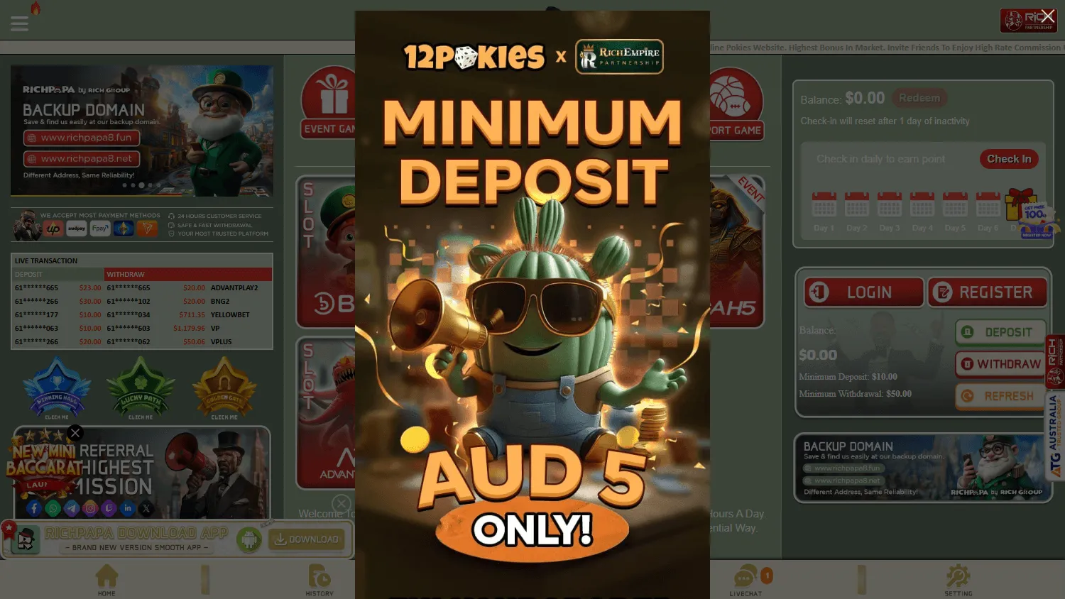 Rich Papa Casino games lobby with pokies, casino titles and provider categories