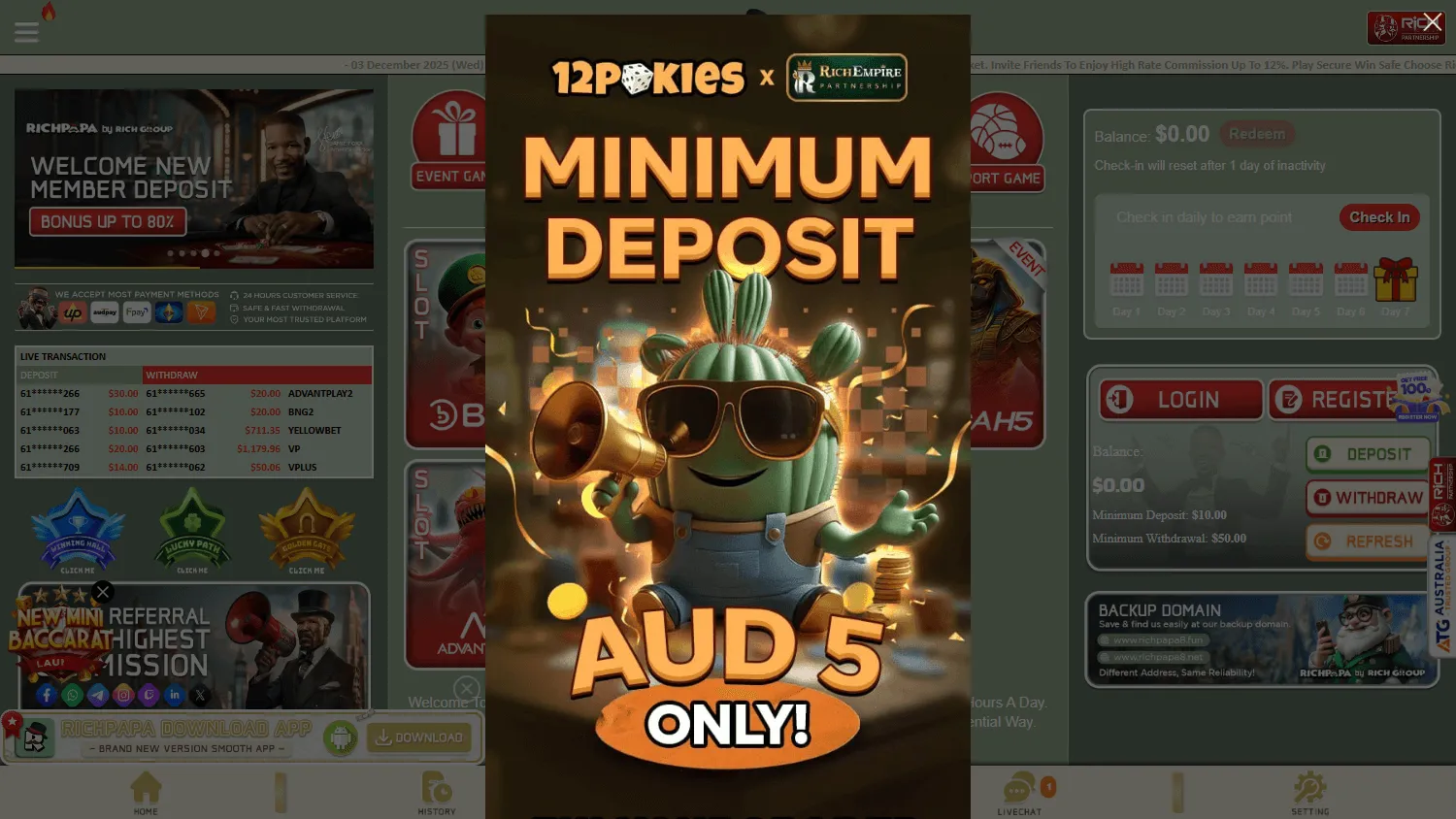 Rich Papa Casino home view with the Australian welcome offer and casino account options